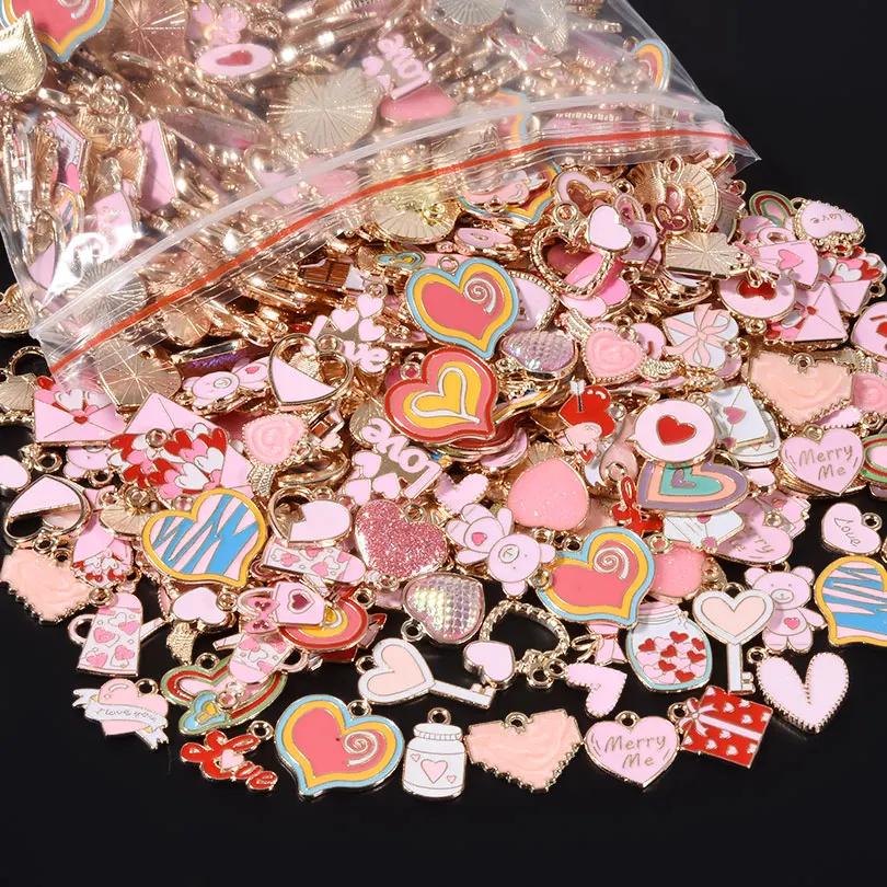 10/30/50PCS Mixed Pinky Alloy Enamel Cute Heart Flower Gifts Charms For Crafts DIY Earrings Necklace Jewelry Accessories Bulk