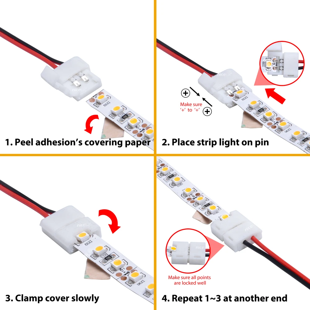 WS2812B WS2811 5050 MONO LED Strip Connectors With Single Double End Solderless Cover Connector 8mm 2pin LED Clip-On Coupler