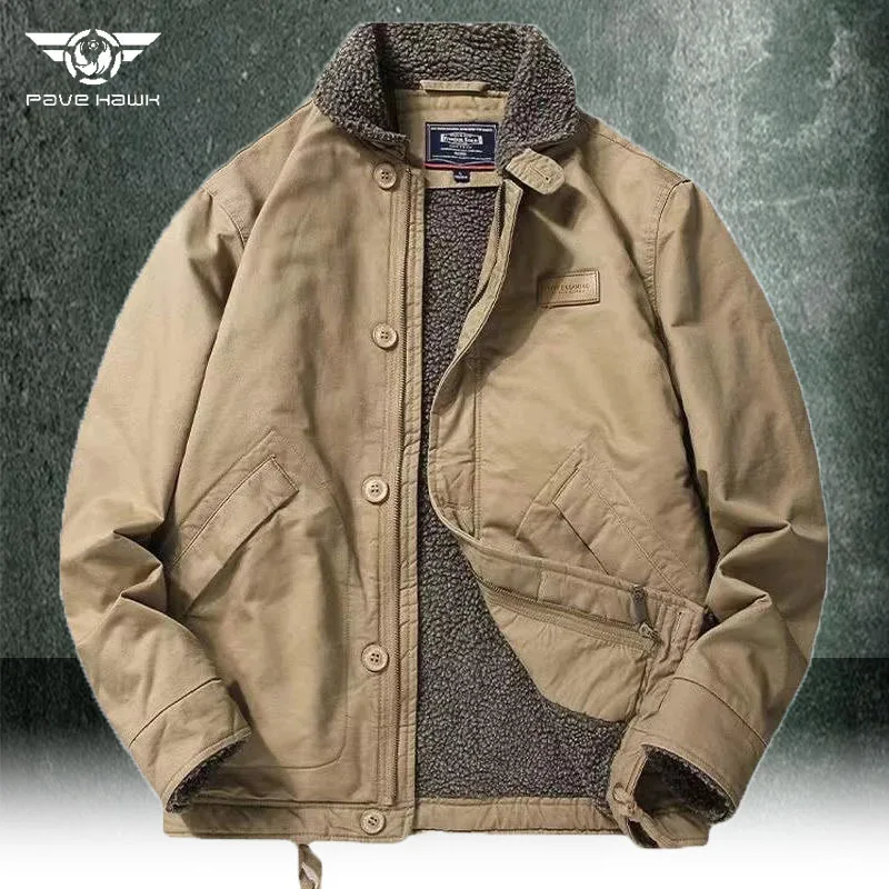 Retro Bomber Jacket Men Winter Lambswool Tactical Military Coat Cargo Outwear Cotton Casual Loose Warm Thicken Deck Overcoat