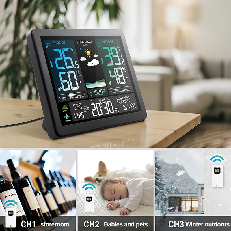 多機能ワイヤレスウェザーステーション,温度計,湿度計,センサー付き,カラースクリーン,気象機能,屋外および屋内