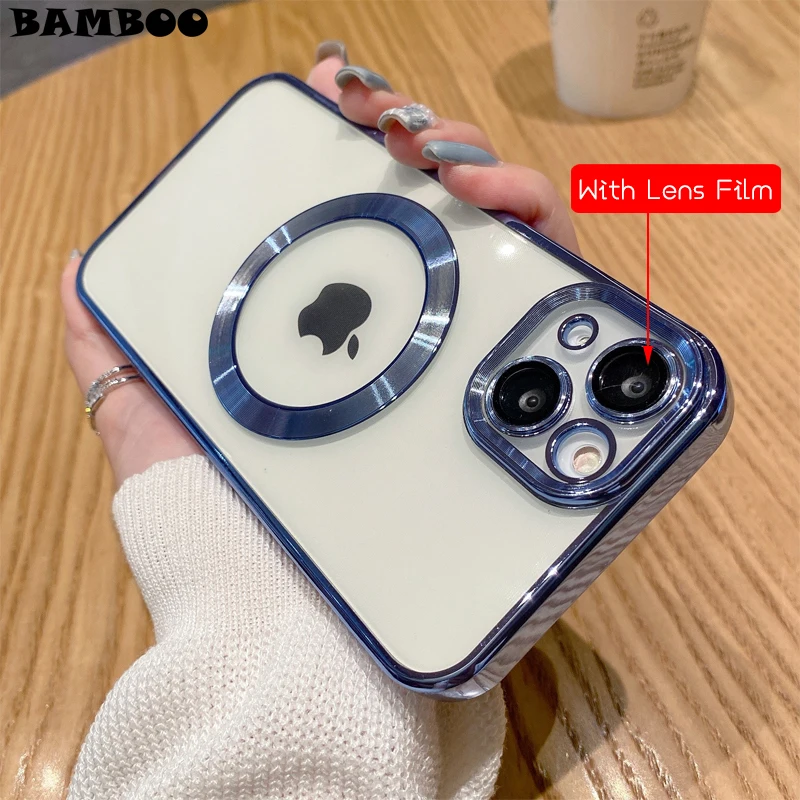 Luxury Plating With Lens Flim Clear Soft Phone Case for iPhone 16 15 14 Plus 13 12 Pro Max 11 Magsafe Magnetic Anti-drop Cover