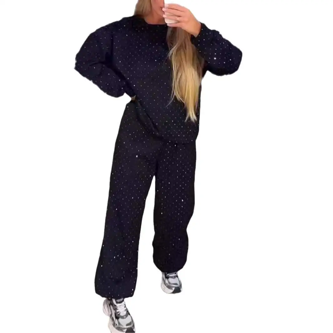 Herbst Winter Damen Casual rund Ne Long Sve Ganzkörper Strass Dstring Hose Zweiteiliges Set Niedrige Taille PVC PU