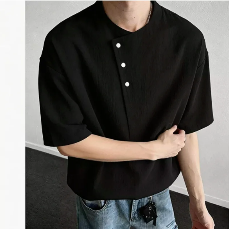 Hot-selling Hanamoto irregular neckline short-sleeved shirt for men - summer American-style loose white shirt - trendy brand - h