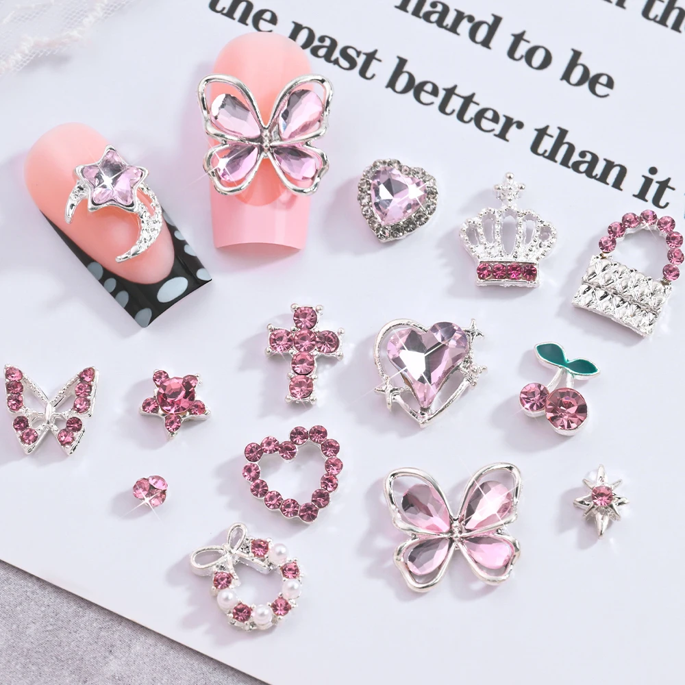 58PCS 3D Farfalla Cuore Lega Nail Strass Corona Croce Blocco Arco Unghie artistiche Pendenti e Ciondoli Y2K San Valentino Gioielli per unghie di lusso Gemme
