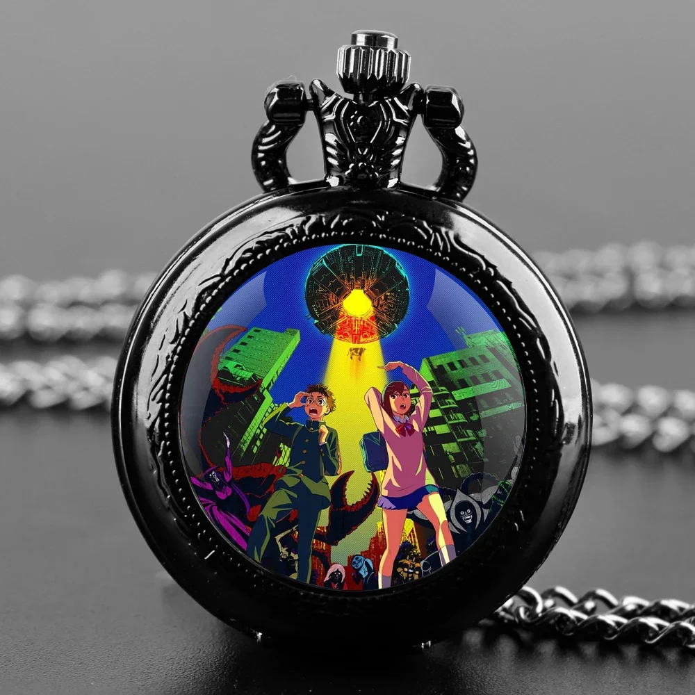 Anime Dandadan Cute Lucky Cat Glass Dome Pocket Watch with Chain Necklace Vintage Quartz Pendant Watches Mens Women Gifts