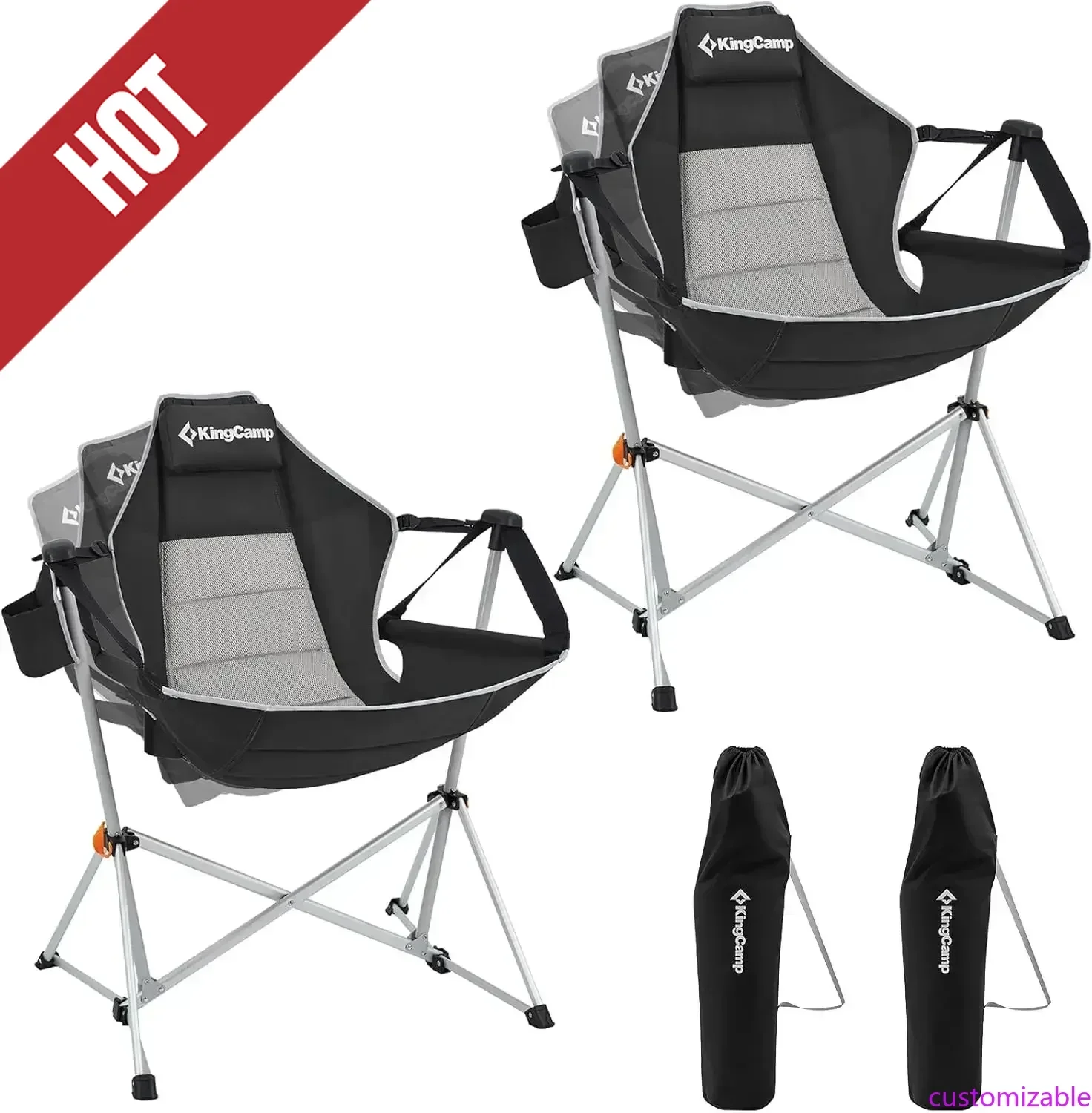 Customizable Hammock Camping Chair, Aluminum Alloy Adjustable Back Swinging Chair, Folding Rocking Chair With Pillow Cup Holder,