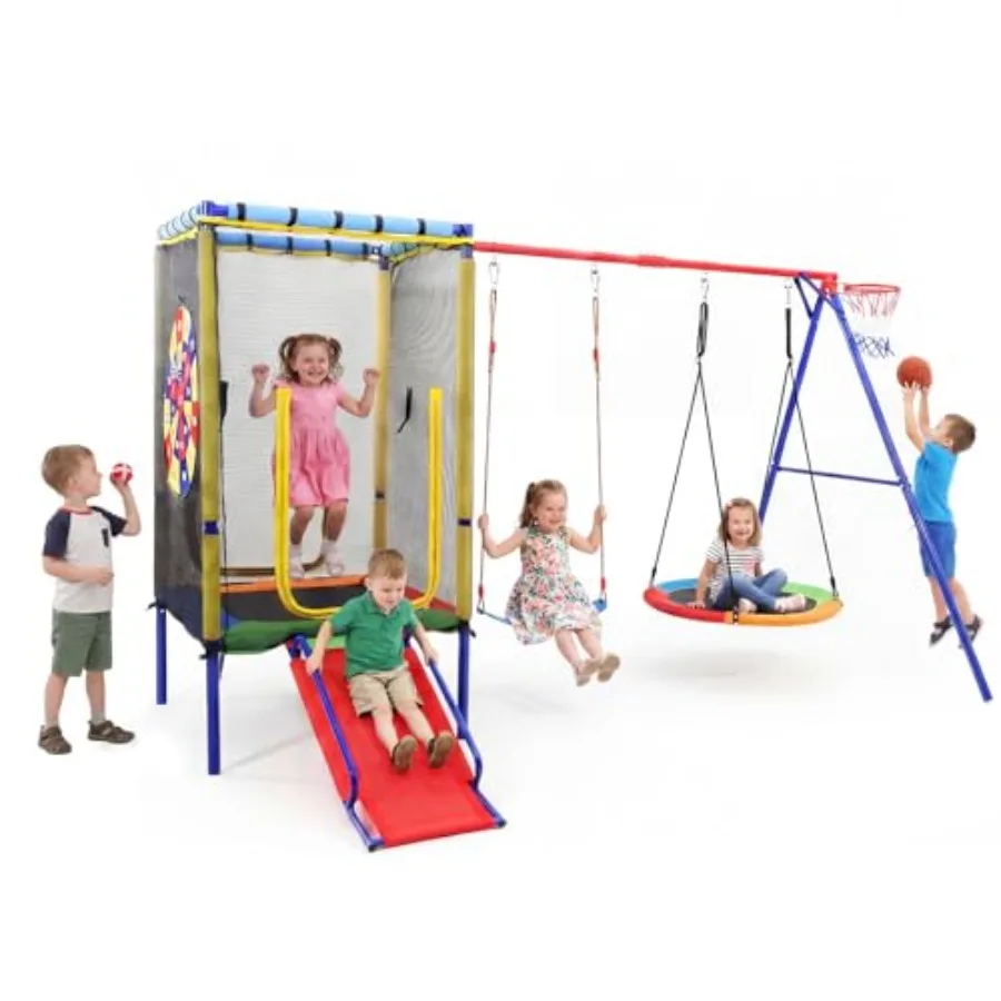 

6 in 1 Outdoor Swing Set for Backyard Family Fun Heavy Duty A-Frame Metal Stand with Trampoline Slide Saucer Swing Belt Swing D