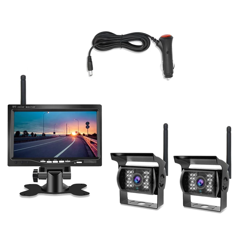 

A18Z 7InWireless Monitor Waterproof Vehicle 2 Backup Camera Kit TFT LCD Monitor Parking Assistance for Bus Houseboat Truck RV