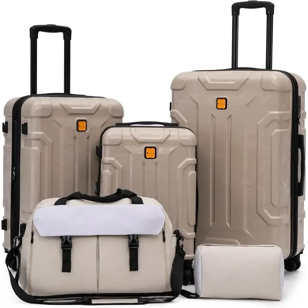 5 Piece Hardshell Luggage Set, 20/24/28 Expandable, Carry-On Approved, TSA Lock, Spinner Wheels, ABS+PC Beige