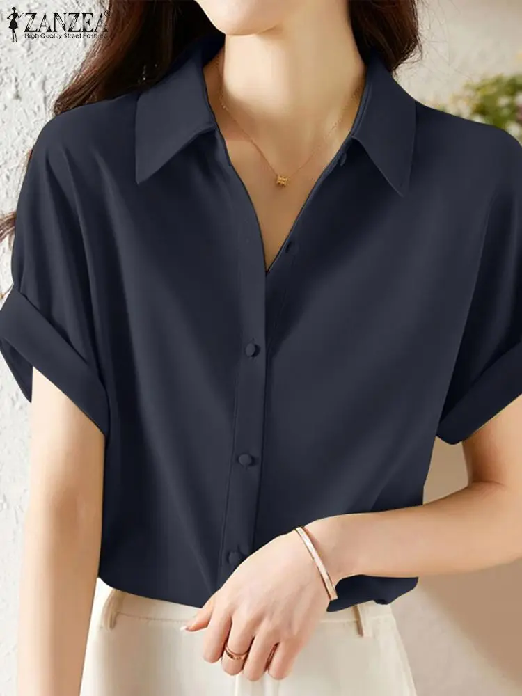 

ZANZEA Fashion Women Lapel Solid Blouse Elegant OL Work Shirt Summer Short Sleeve Buttons Up Blusas Causal Work Tops Party Tunic