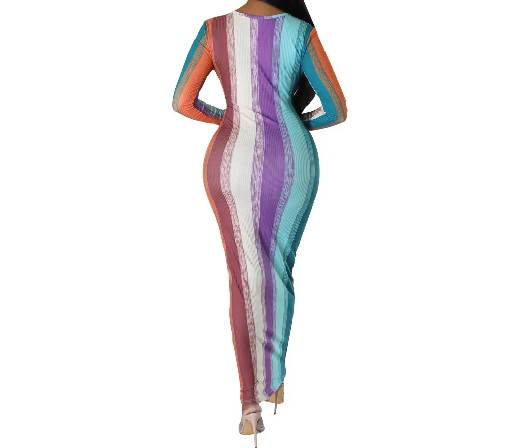 Damen Gestreiftes Geripptes Bodycon Maxikleid Langarm Rundhalsausschnitt Figurbetont Buntes Lässiges Partykleid – Detail 6