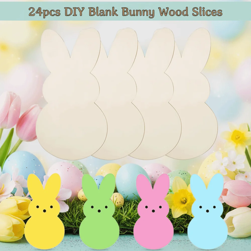 24pcs/set DIY Color Easter Bunny Wood Card Painting Toy Unfinished Easter Rabbit Craft Pendant Decorative