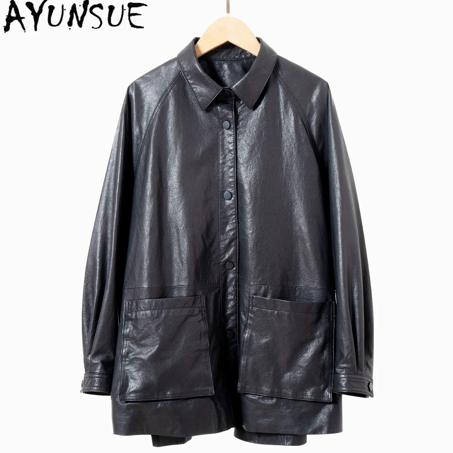 

AYUNSUE 100% Real Leather Jacket Woman Clothing Autumn Sheepskin Coat for Women Loose Mid-length Trench Coat Vegetable Tanning