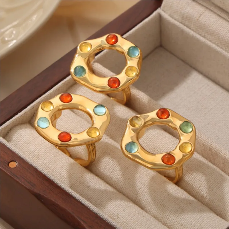 

Hexagonal Inlaid Colourful Beads Adjustable Rings For Women Stainless Steel Gold Color Women's Opening Ring Luxury Jewelry Woman