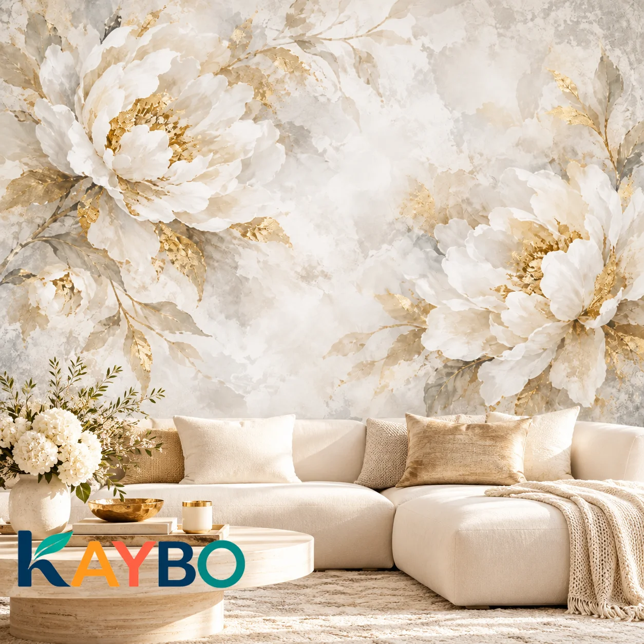 Floral Wallpaper Mural White Peony Gold Botanical Luxury Wall Decor Bedroom Living Room Accent Wall Covering Non Self Adhesive