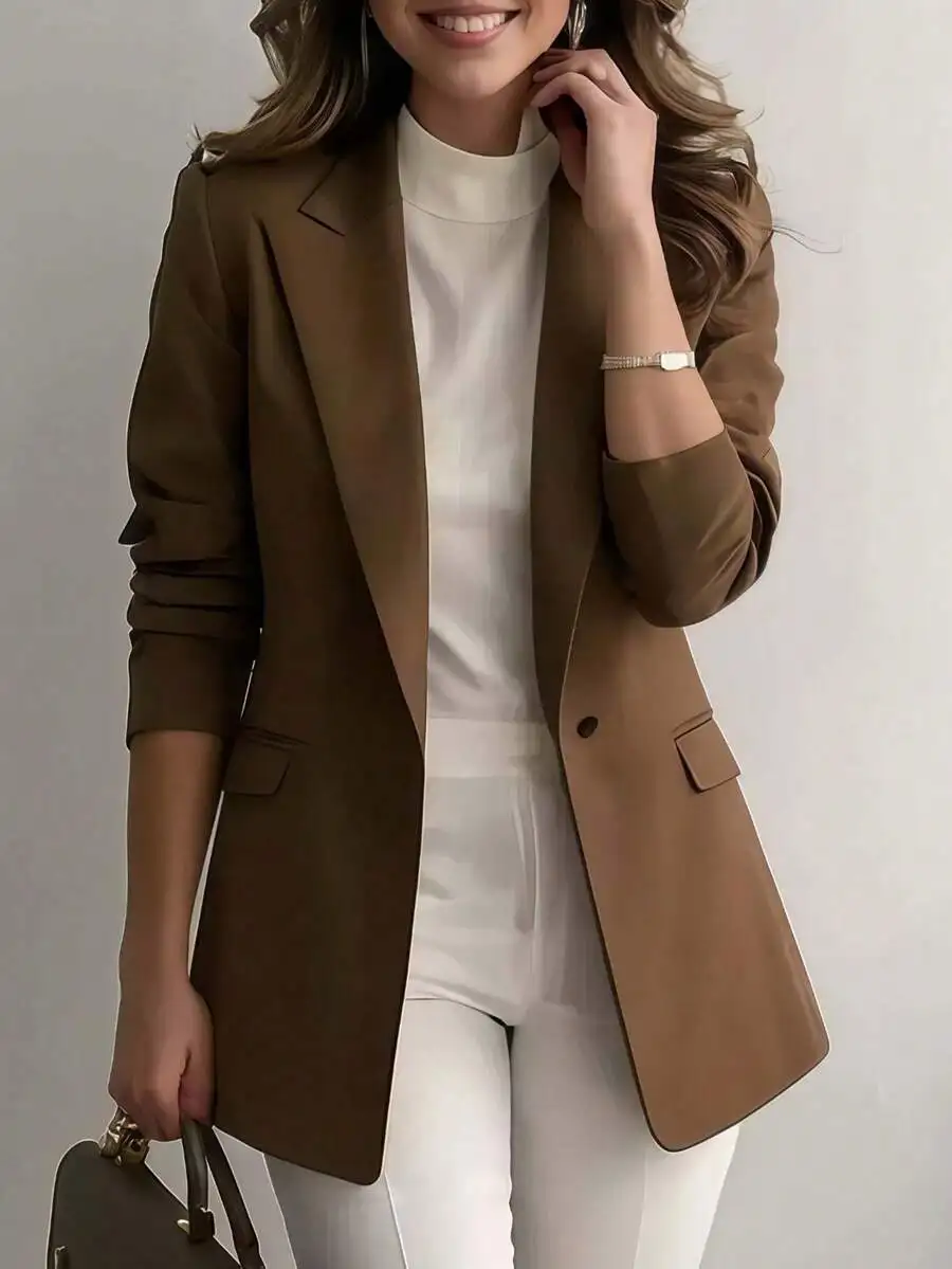 

Women's Solid Color Notch Lapel Blazer, Long Sleeve Office Jacket with Button & Pockets, Fall Winter Style