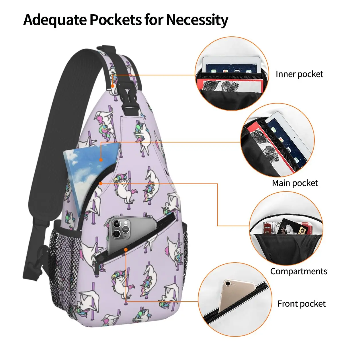 Unicorn Pole Dancing Club Chest Bag Men Sling Crossbody Backpack Chest Bag Travel Hiking Daypack Shoulder Bag view 3
