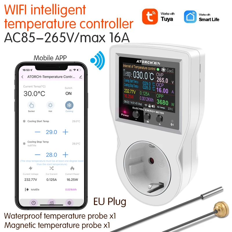 16A Tuya WIFI Digital Thermostat Outlet Incubator Temperature Controller Outlet With Timer Switch Sensor Probe Heating Cooling