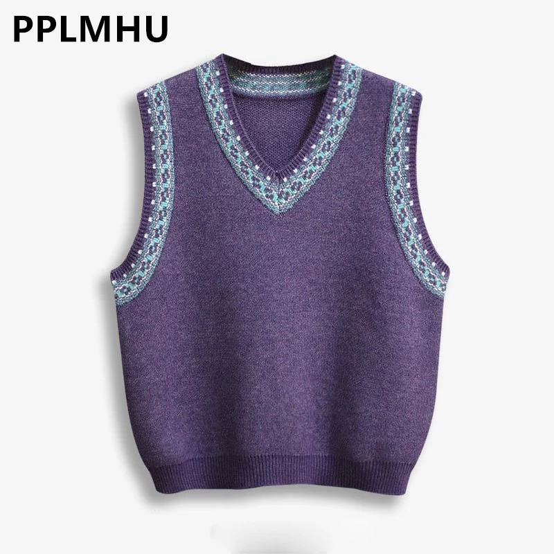 Vintage Purple Sleeveless Knit Pullover For Women Casual Loose Printed V-neck Korean Sweaters Vests Preppy Knitwear Waistcoats