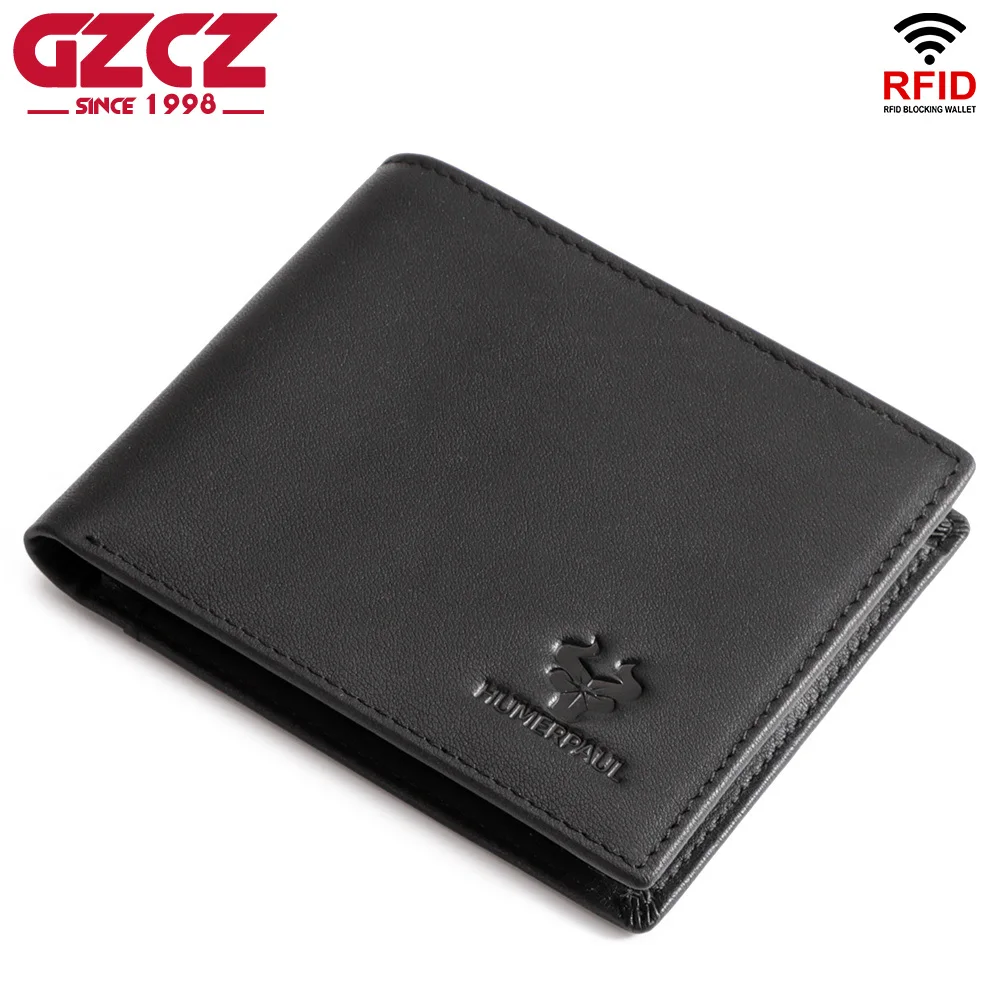 GZCZ 100%Genuine LeatherWallet For Men Credit Card Holder Bifold Top Flip Extra Capacity With ID Window Male Money Bag