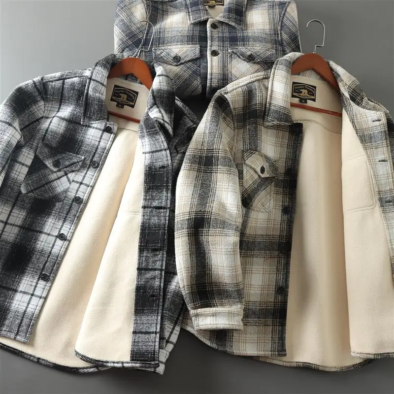 

Men's Winter Plaid irt Thiened Fce Lined Stand Collar Static Resistant Warm Faux Fur Jaet Cotton Sle Faion Urban