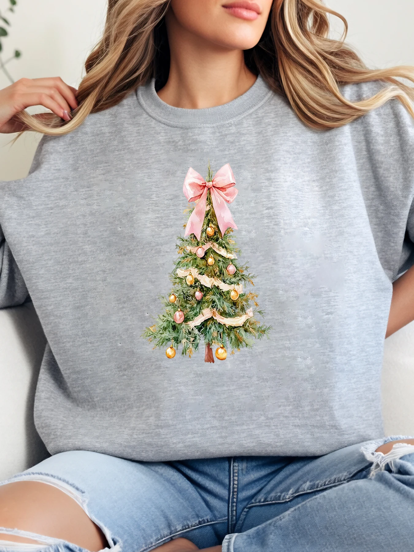 

Рождественская елка с розовым бантом и принтом Праздничный свитшот Женская повседневная зимняя одежда Серый Большие размеры