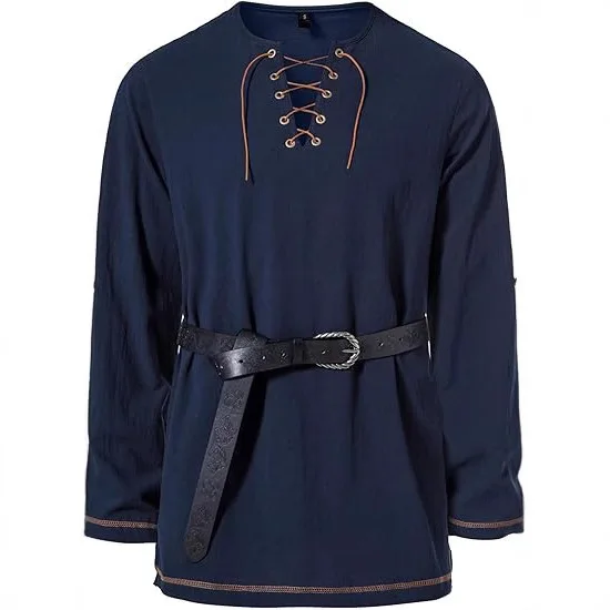 Men\'s Medieval Lace Up Tunic Shirt Renaissance Viking Pirate Costume Long Sleeve Retro Tops with Belt for Halloween Cosplay