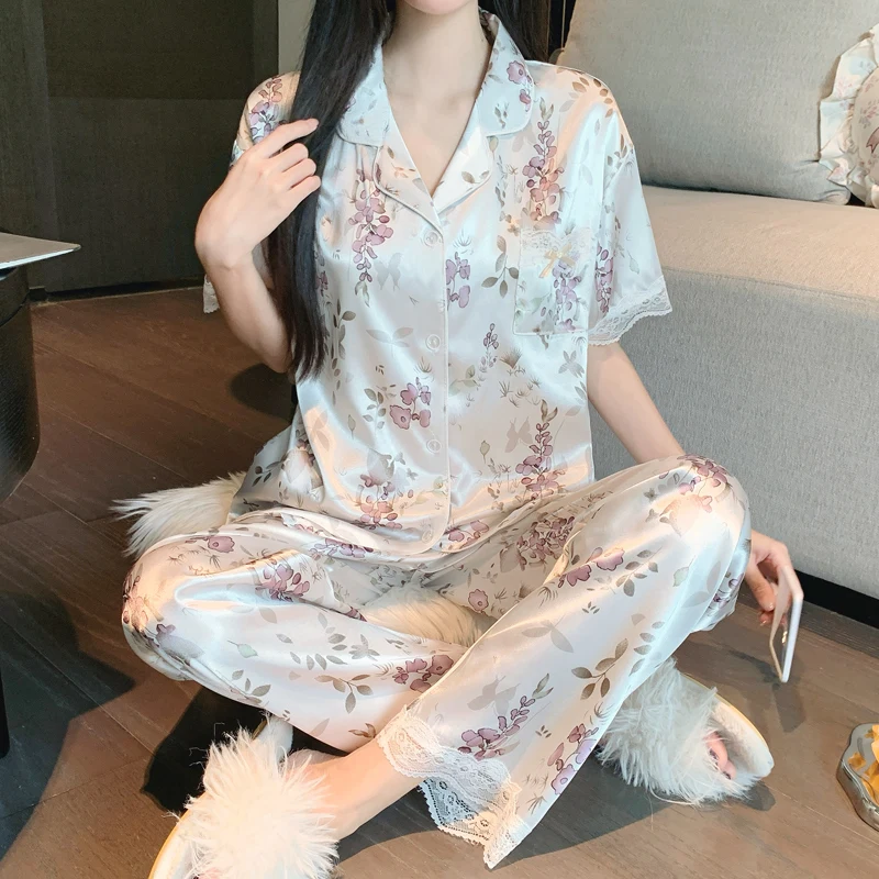 Women's Pajamas Lounge Set Fashion Print Lace Design Sleepwear Button Down Short Sleeve Top Summer New Pajamas Set Home Clothing 4