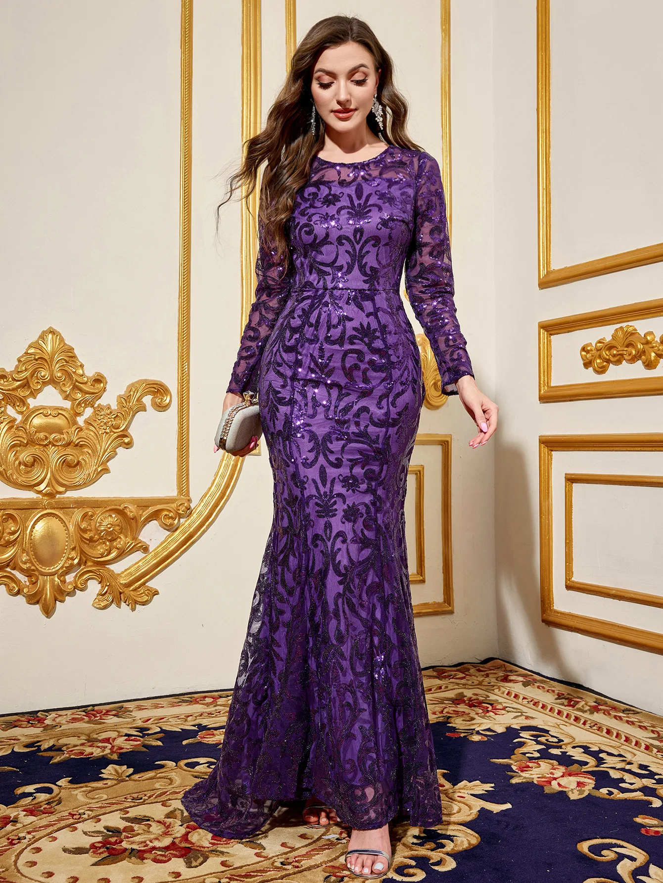 Elegant Women Evening Party Dresses Long Sleeve Luxury Design Sequins Formal Floor Long Party Dress 2025 Vestidos Para Mujer