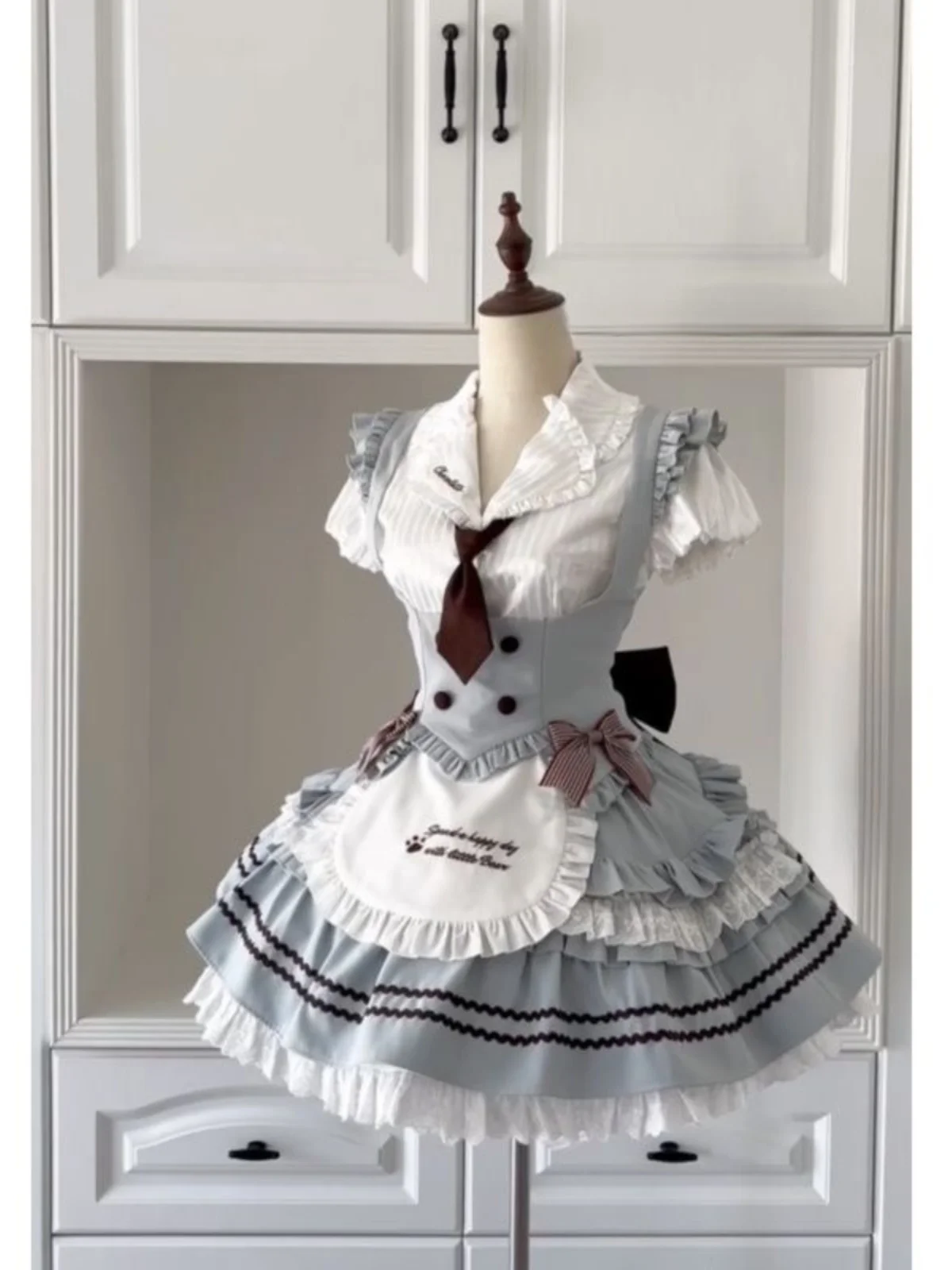 Cute Summer School Style Doll Feel Lolita Skirt Striped Shirt Waist Inward Slim Vest Puffy Skirt Three Piece Set Short Sleeve...