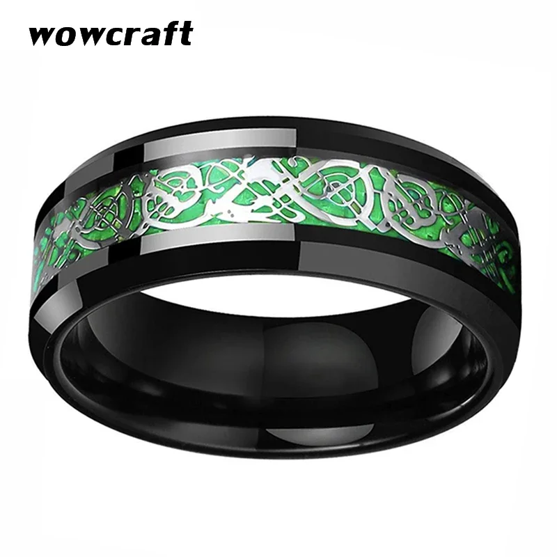 8mm Black Tungsten Wedding Band for Men Celtics Dragon Ring Green Carbon Fiber Inlay Polish Finish Beveled Edges Comfort Fit