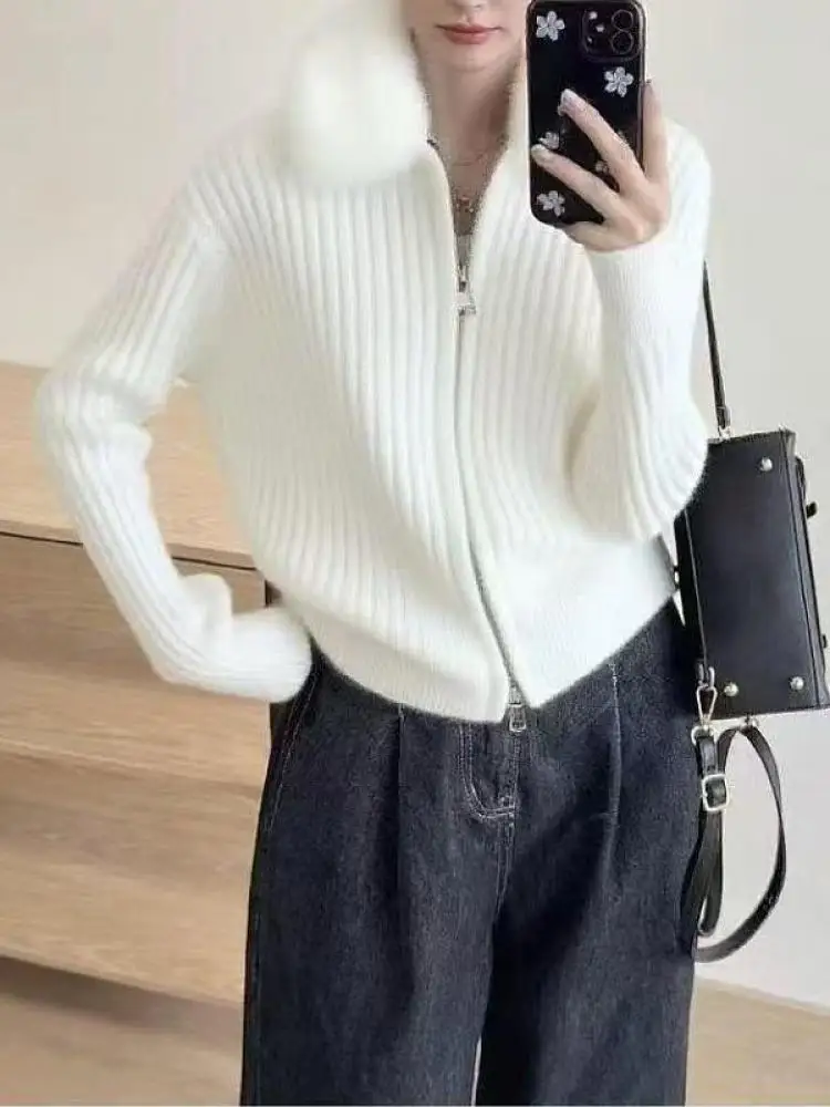 

Korean Fashion Women Solid Hairy Neck Zipper Short Cardigans Knitted Tops Autumn Winter Warm Single Breasted Sweater Streetwear