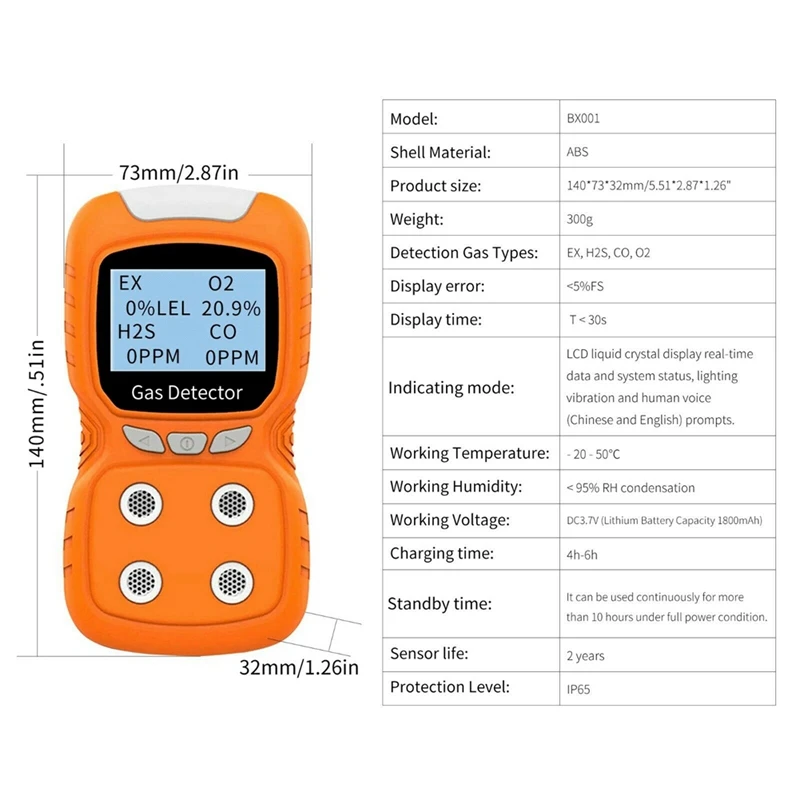 PLT840 4 In 1 Gas Detector CO H2S O2 Monitor Analyzer Leak Portable Gas Leak Detector