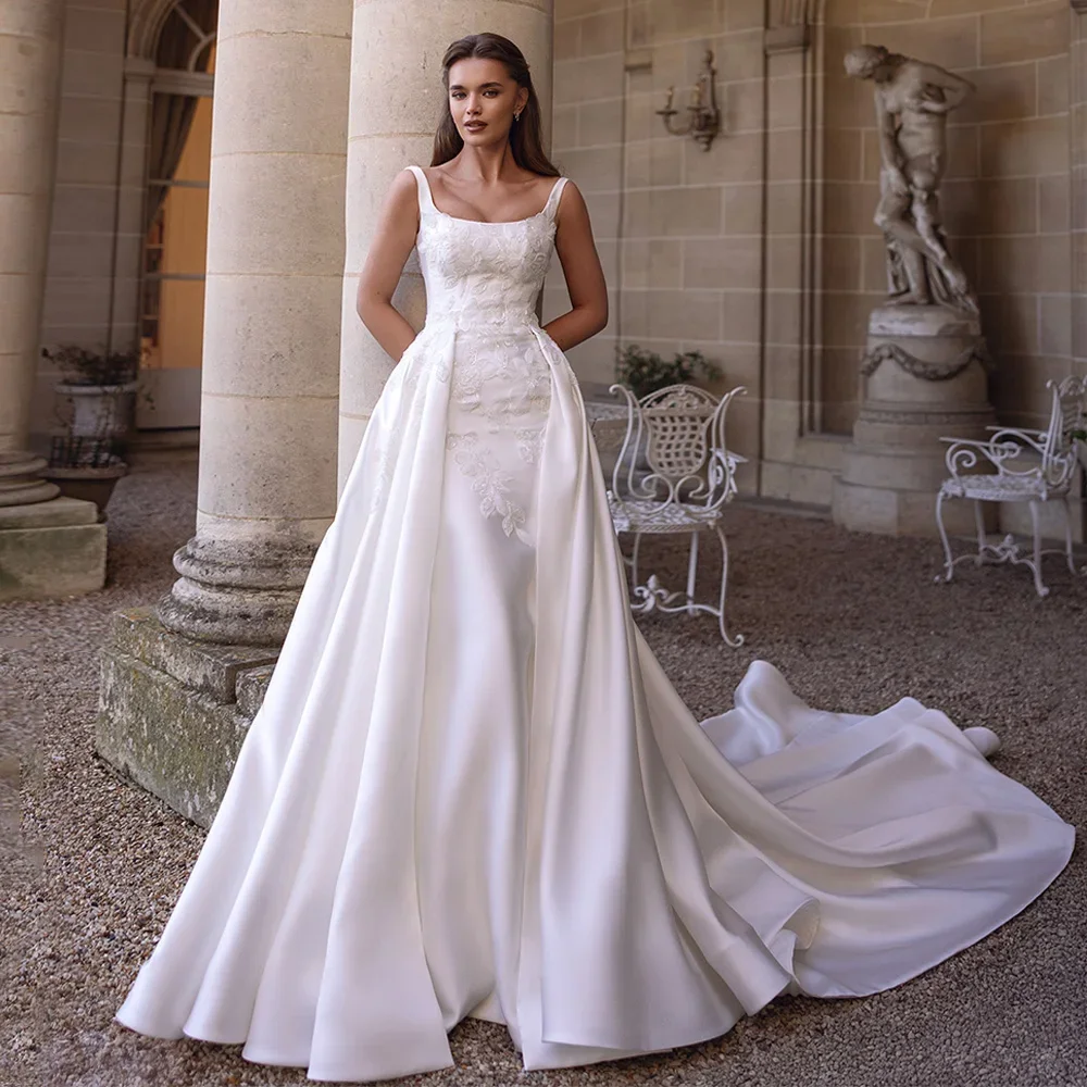 

Flavinke Customized Luxury Satin Mermaid Wedding Dresses Detachable Train Square Neck Sleeveless Applique Bridal Gowns