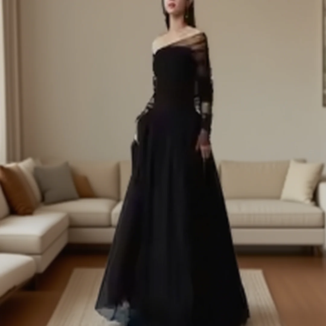 

Customized long-sleeved off-shoulder floor-length A-line formal dress for ladies, suitable for formal party events.