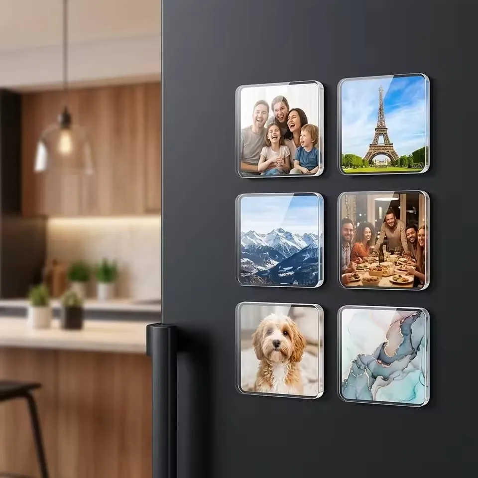 DIY Clear Acrylic Fridge Magnet Kit 4/10/20 Pcs Adhesive Backing Square/Round Magnetic Photo Frames for Refrigerator Decoration