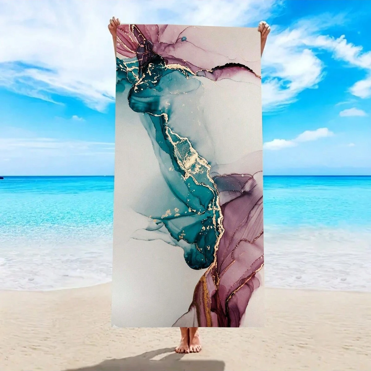 1pc Large Marble Print Beach Towel, Oversized, Super Absorbent, Fine Fiber, Perfect For Children, Men, Women, Boys, Girls