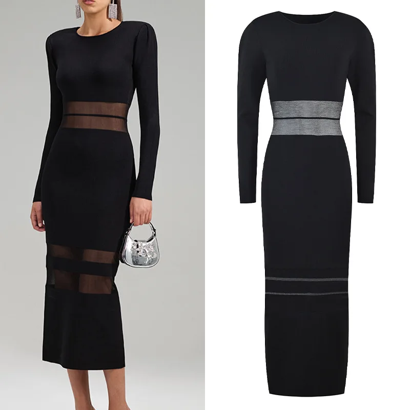 

Autumn 2025 Long Knitted Lace Patchwork Me Wrap Body Dr Commute Sle Woolen Skirt Long Sve round Ne Other Scene