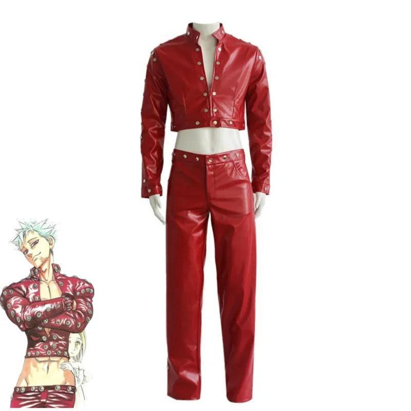 CyAnime siete pecados capitales: ira de los dioses Ban disfraz de Cosplay rojo PU abrigo pantalones peluca adulto hombre mujer traje de Carnaval de Halloween