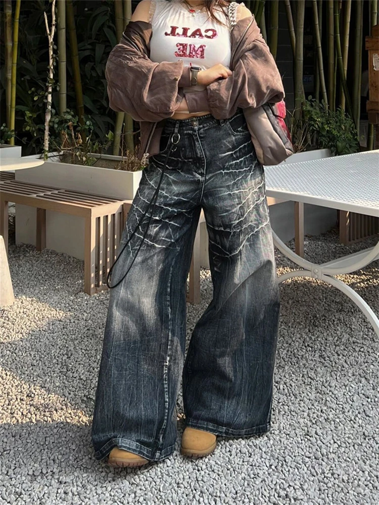 Women's Make Old Scratch Tie Dye Unisex Jeans Wide Leg Straight Street Vintage Baggy Pants Female Casual Denim Trousers