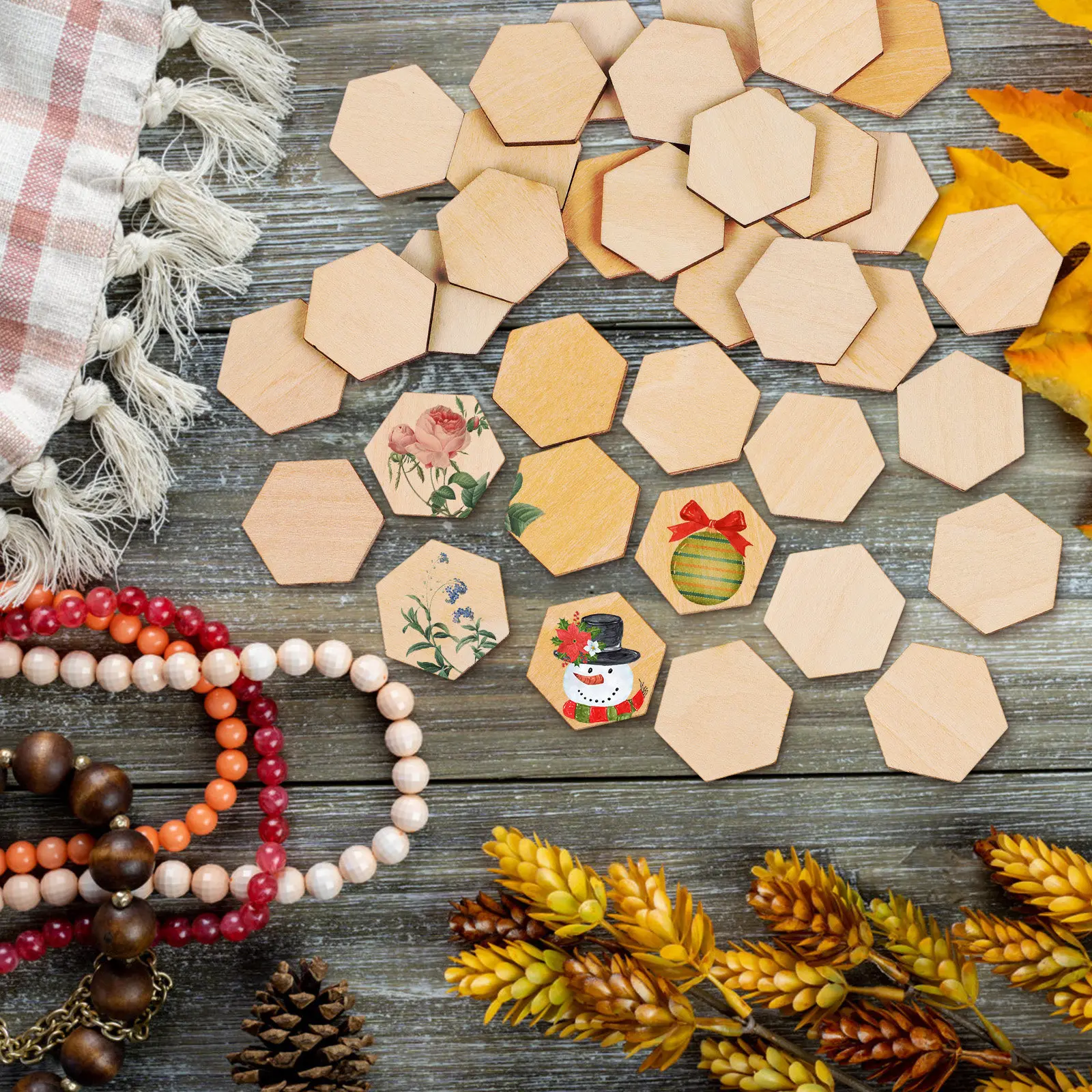 200Pcs Beech Wood Hexagon Pieces Unfinished Smooth Wooden Shapes for Crafts Home Decoration Wall Art DIY Wooden Ornaments view 3