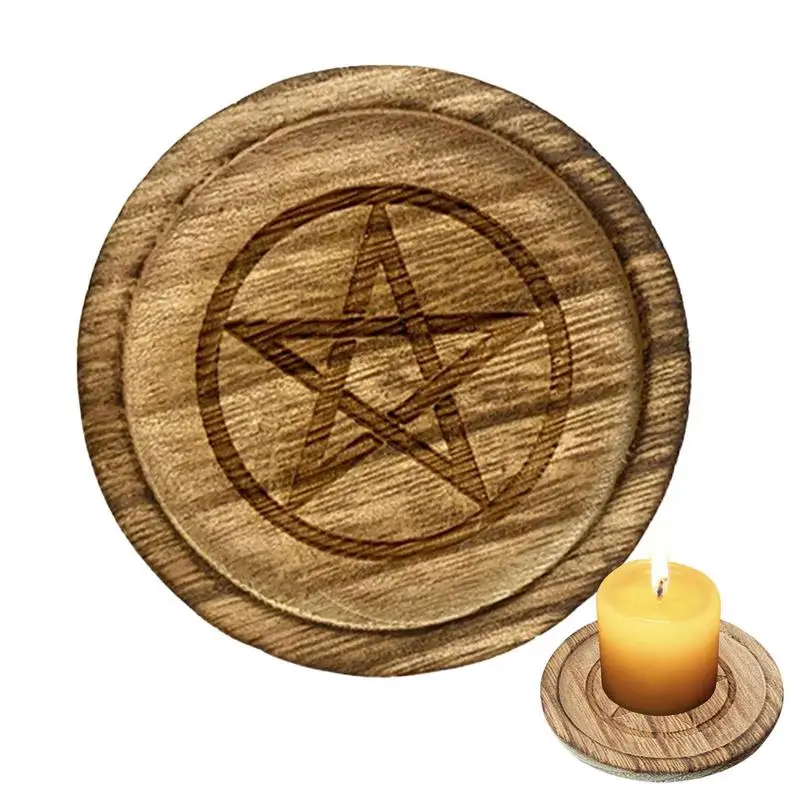 Round Pentagram Witches Wooden Candle Holder Altar Astrology Massage Candle Stand Divination Meditation For Wicca Ceremony