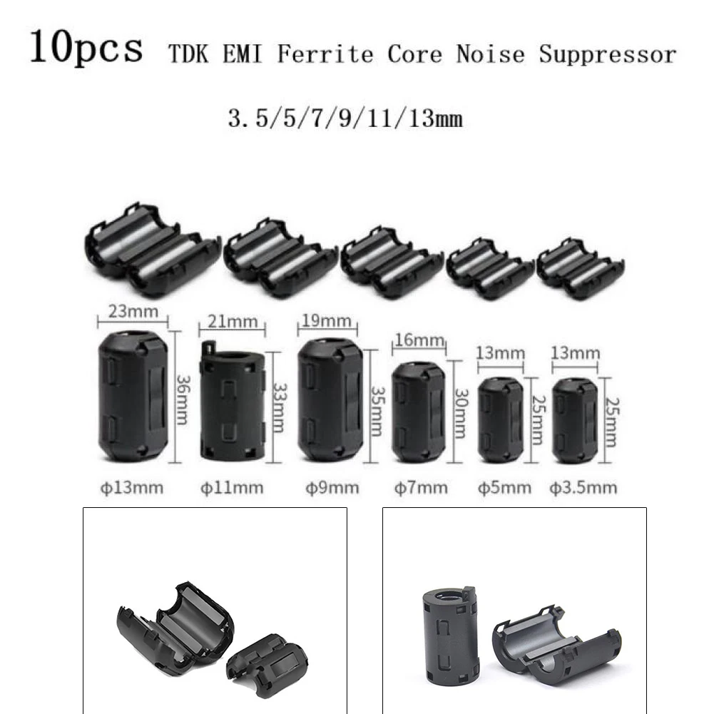 10pcs Ring Core Ferrite Bead Clamp Choke Coil EMI RFI Noise Filter Clip Snap For 3.5/5/7/9/13mm Black Cable Connector Filters