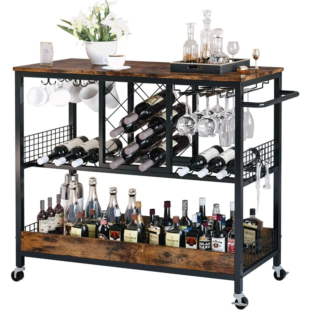 

IRONCK Bar Cart, Serving Cart with Wine Rack Glasses Holder Kitchen Cart on Wheels Wood and Metal Frame, Vintage Brown