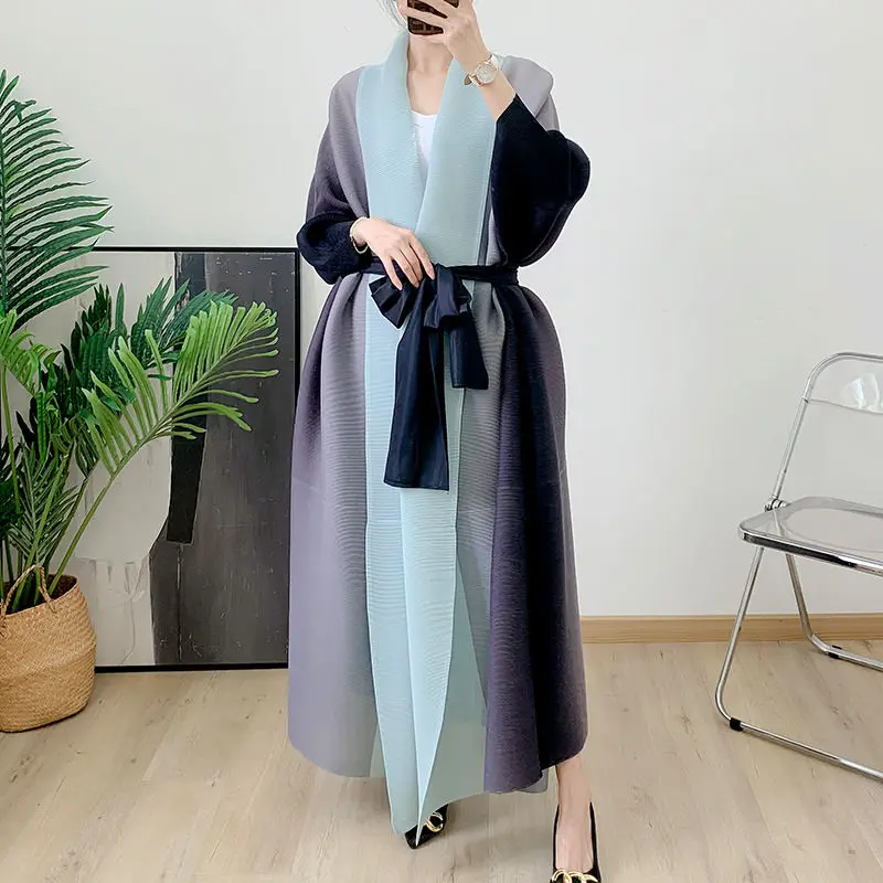 Women's Gradient Robe Long Coat Middle Eastern Costume Lengthened Trench Tie Jacket Cardigan Pleated Loose Drag Floor Trendy