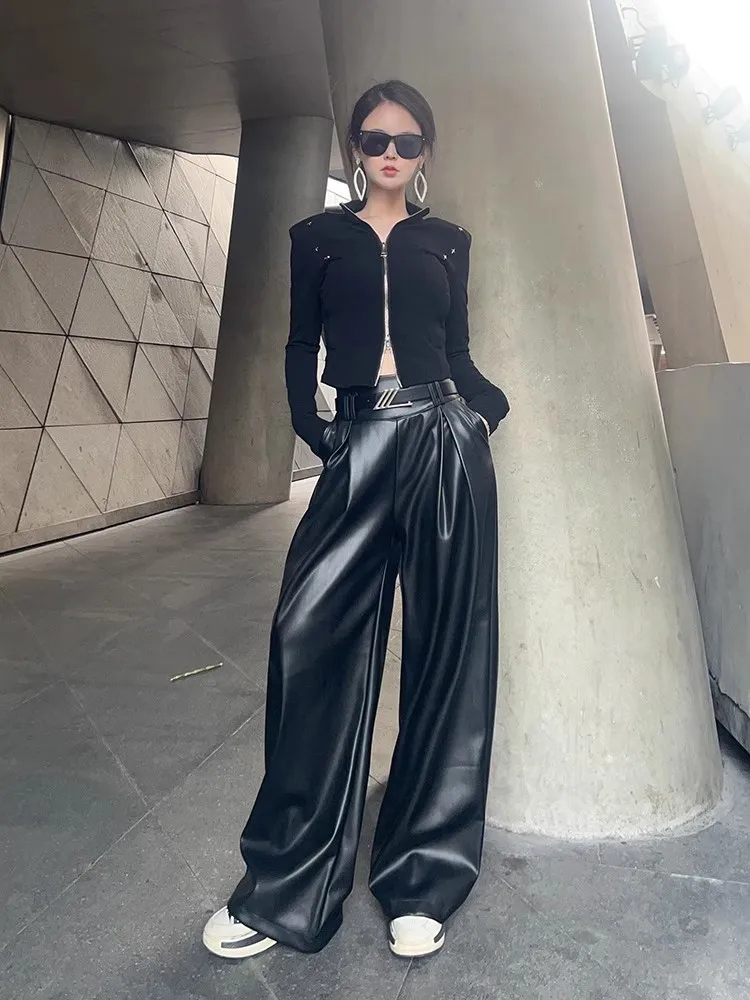 Punk High Waist Women Pu Leather Pants Loose Fit Personality Wide Leg Pants Autumn Winter Fleece Liner Casual Straight Trousers