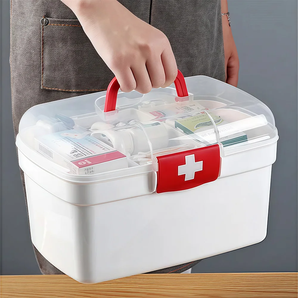Portable 2-Tier Weekly Pill Organizer,Refillable Medicine Box with Handle for Travel Home Office First Aid Kit Storage,Organizer