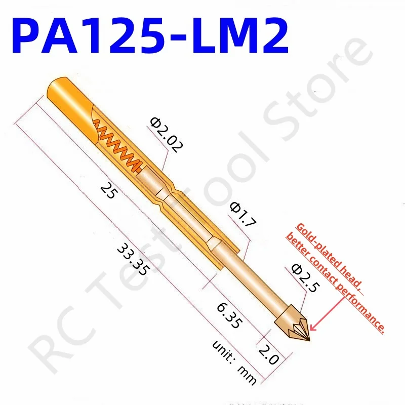 

100PCS PA125-LM Spring Test Pin P125-LM Test Probe P125-LM2 PogoPin PA125-LM2 33.35mm Dia2.02mm Pin Head Dia 2.5mm PCB Test Tool