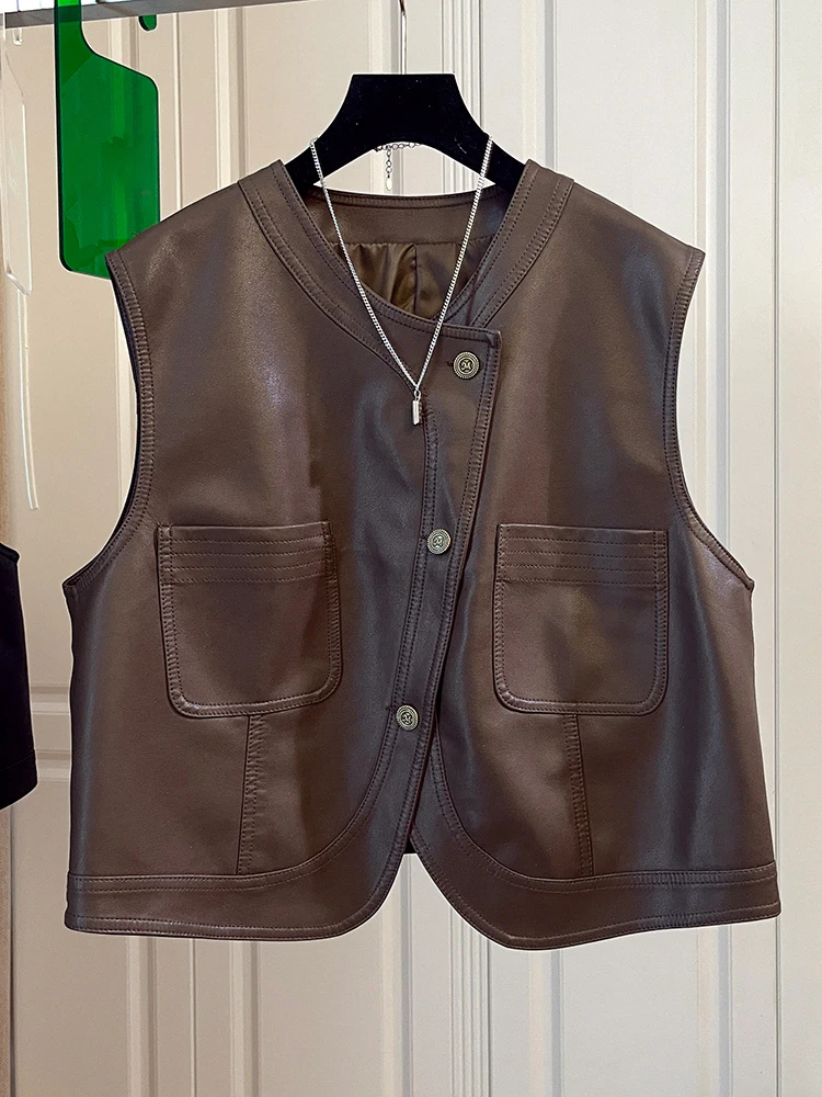 Cé Brown PU Leather Vest Women's 2024 Autumn Retro Irregular Layering Leather Jaet oulder Top Commute Sle round Ne