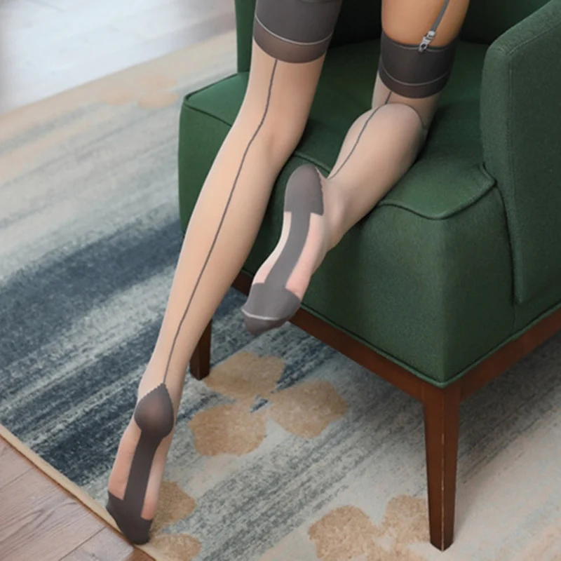 Lange Strümpfe mit breiten Bündchen und Rückenlinie, Kontrastfarbe, Patchwork, formende Strümpfe, sexy Dessous, Overknee-Strumpfwaren mit kubanischem Absatz – Detail 5